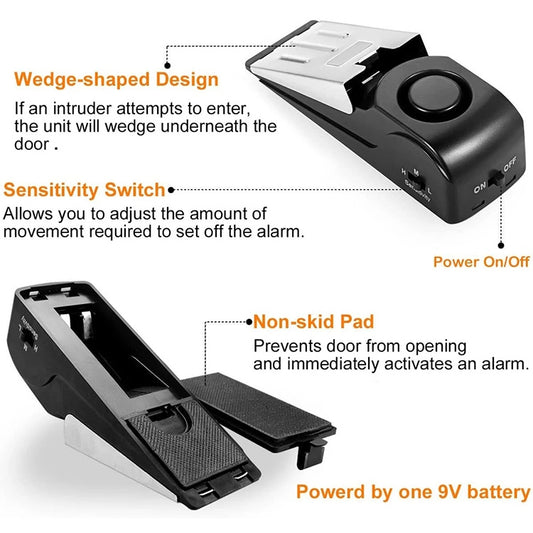 Door stop alarm wedge with non-slip pad, sensitivity switch, and power on/off