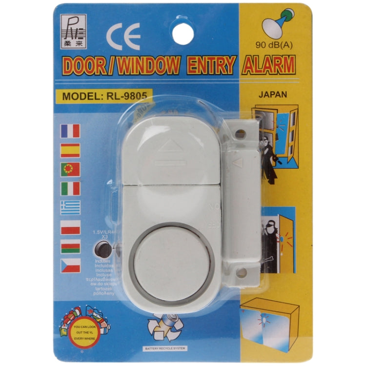 Retail package for magnetic door/window entry alarm kit, Model RL-9805, CE notice