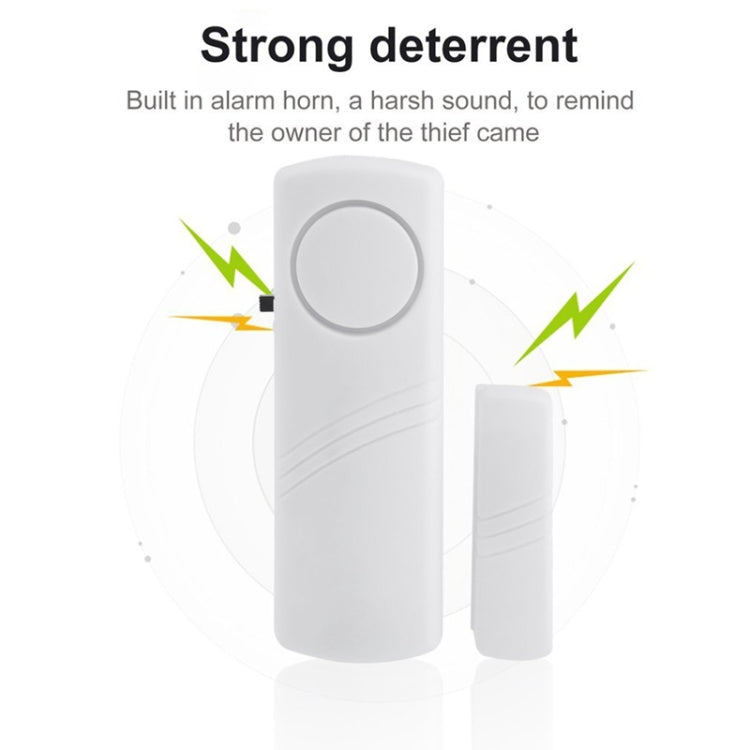 Wireless door/window alarm kit with magnetic sensor shown with warning-style burst graphics
