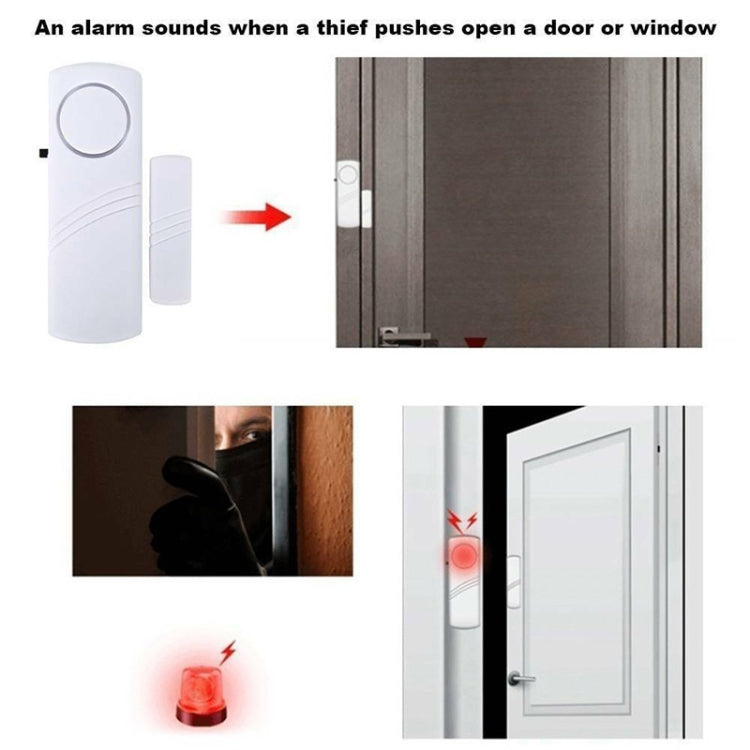 Wireless door/window alarm mounted on a door with magnetic sensor and alert icons