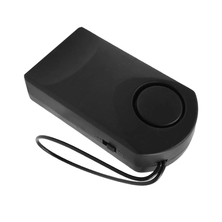 Black anti-theft alarm key fob with side labels and hanging lanyard cord