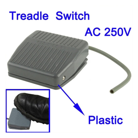 Plastic foot treadle switch with metal screw and cord, shown with rubber cap detail