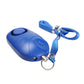 Blue personal alarm keychain with lanyard, metal keyring, and round control button