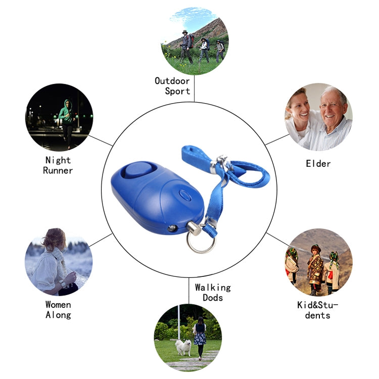 Blue personal alarm keychain with lanyard and round button, shown centered in graphic