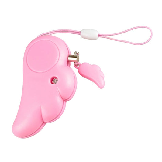 Pink angel-wing personal alarm keyring clip with pull-cord and wing-shaped body