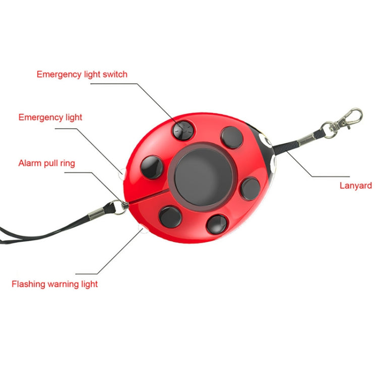 Red ladybug personal alarm with lanyard and pull ring, with emergency light