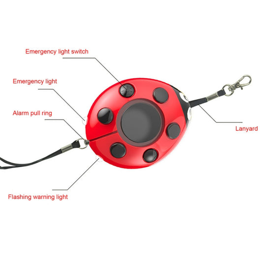 Red ladybug personal alarm with lanyard and pull ring, with emergency light