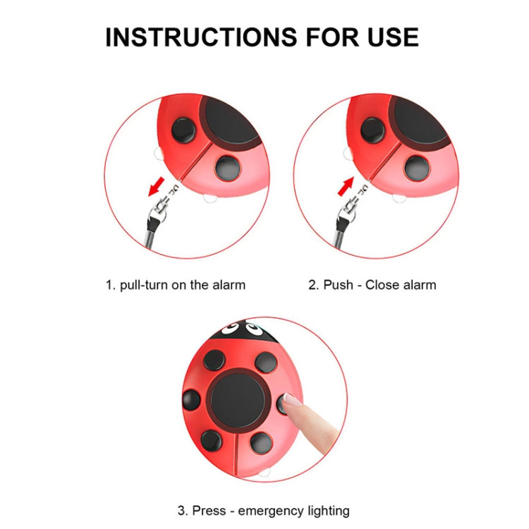 Red ladybug alarm with lanyard and pull ring, shown with activation steps