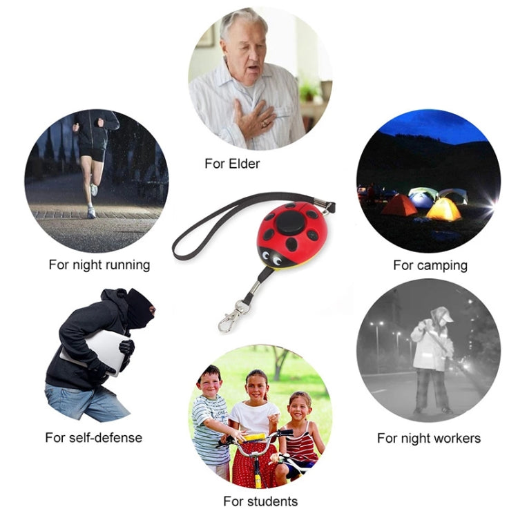 Red ladybug personal alarm with lanyard, shown with multiple use-case icons