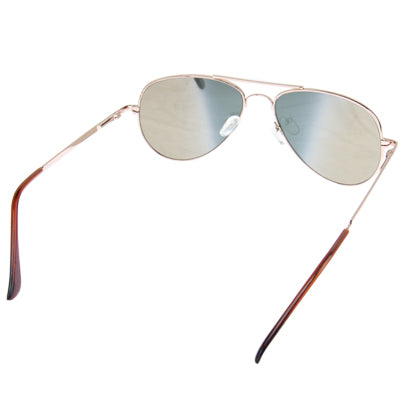 Close-up of rose-gold aviator sunglasses with dark reflective lenses