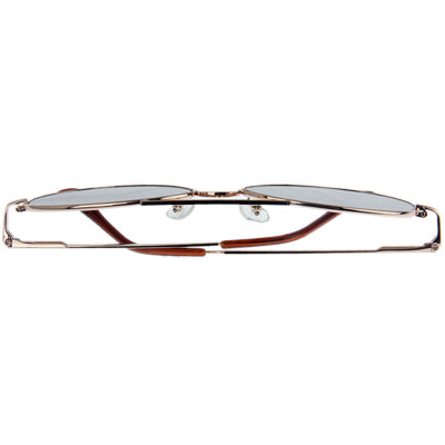 Side profile of rose-gold sunglasses with dark lenses and thin frame