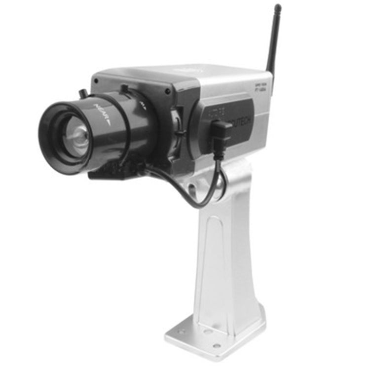 White and dark dummy security camera with IR lens, long antenna, and standing base