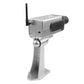 Silver dummy security camera with long antenna and side module on a mounting stand