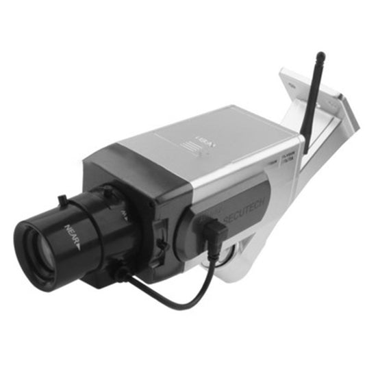 Silver dummy security camera with black IR lens housing and front-mounted antenna