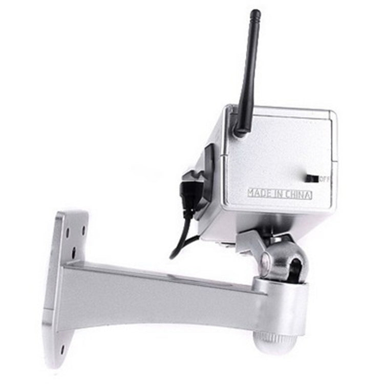 Dummy security camera with long antenna, back panel, and wall-mount bracket