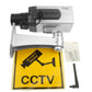 Silver dummy security camera with attached housing and CCT V warning graphic