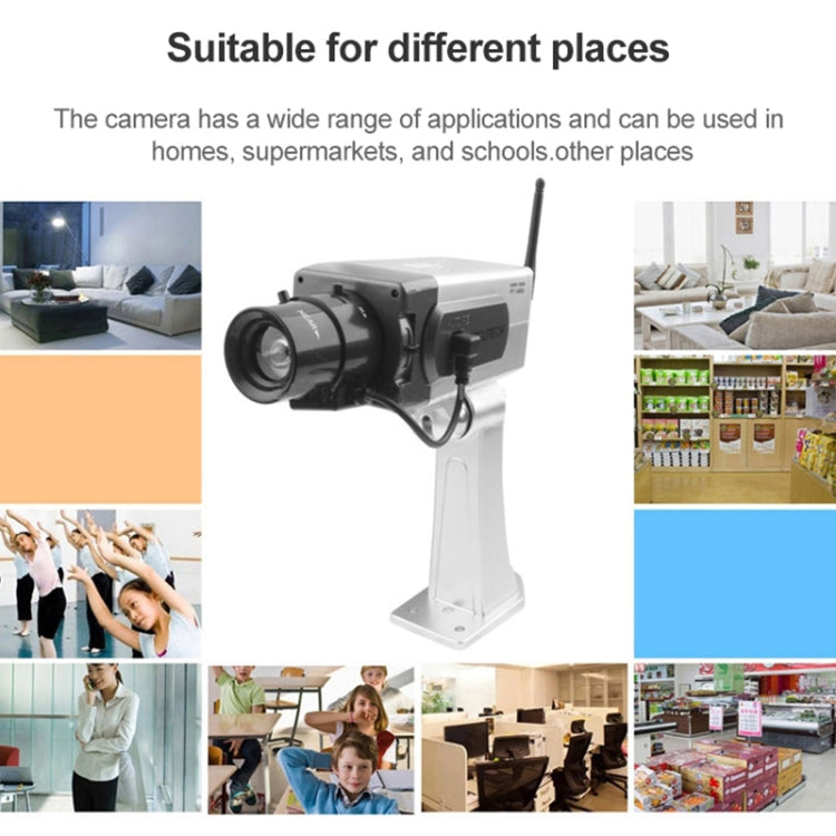 Promotional collage suggesting dummy camera use in home, office, and store settings
