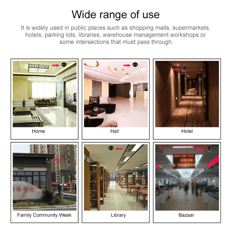 Brochure page showing dummy security camera placement in home, hall, hotel, and more