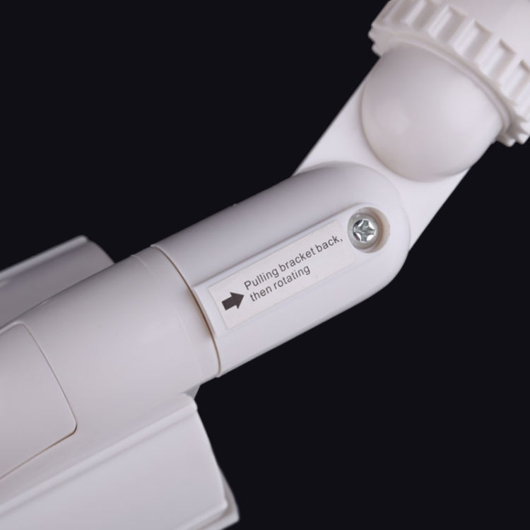 White CCTV camera mounting arm with pull-back bracket detail