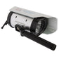 Solar-powered dummy security camera side view with wide lens and black mounting base