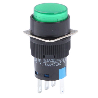Green indicator push button car switch with round bezel and three-pin base