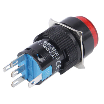 Red round push switch with blue contact block and two metal mounting tabs