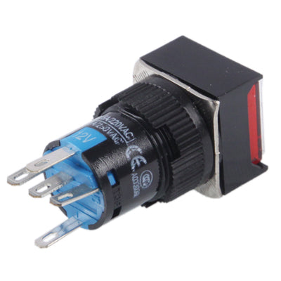 Square push button switch with red lock and blue LED, side view, 4-pin terminals