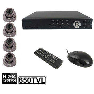 4-channel embedded DVR kit with four dome cameras, remote, and wired mouse