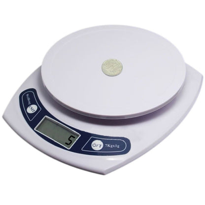 White and blue electronic kitchen scale with round platform and LCD display