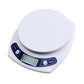 White and blue electronic kitchen scale with round platform and LCD readout