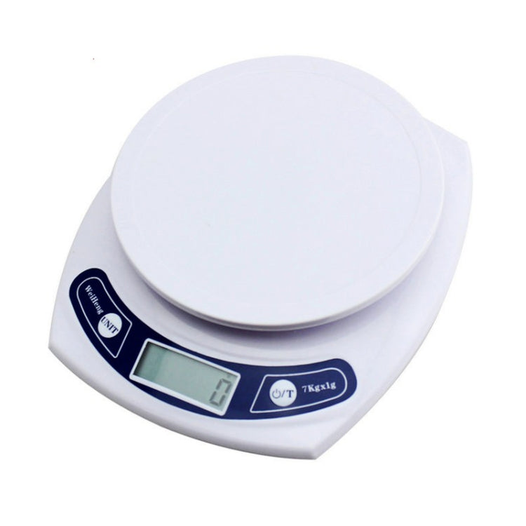 White and blue electronic kitchen scale with round platform and LCD readout
