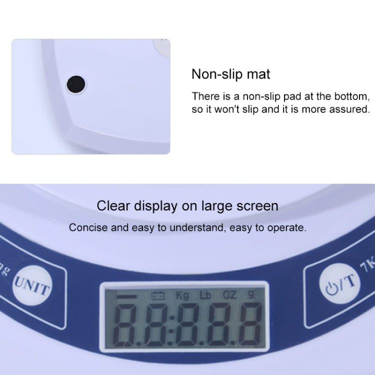 Electronic kitchen scale front with large LCD screen and blue unit buttons