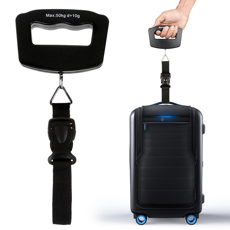 Black electronic luggage scale with strap and S-hook, max 50 kg