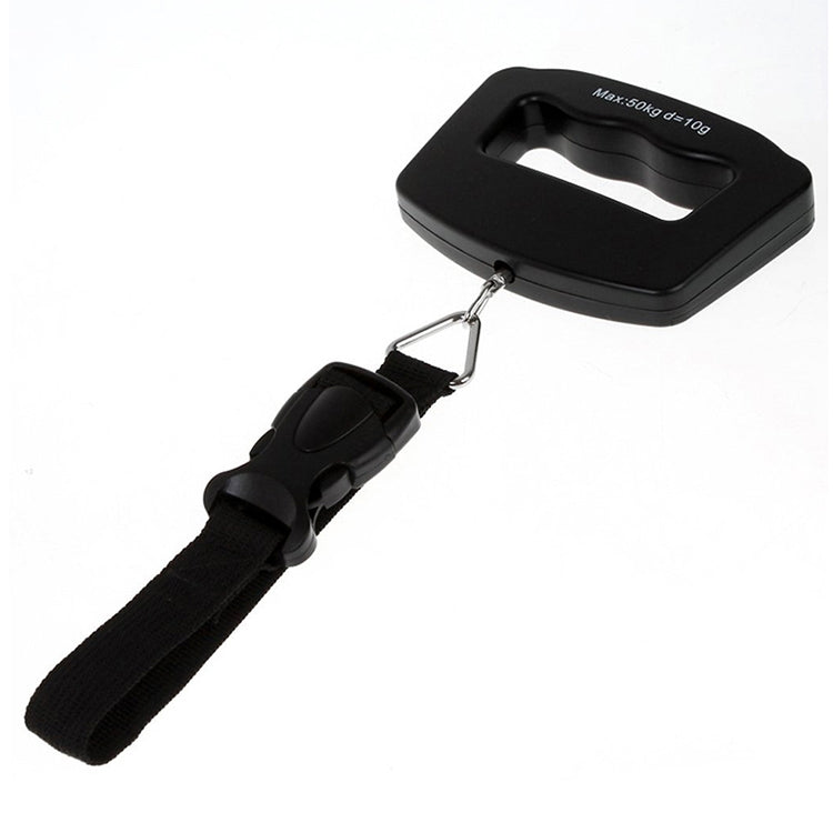Black electronic luggage scale with S-hook and nylon carrying strap