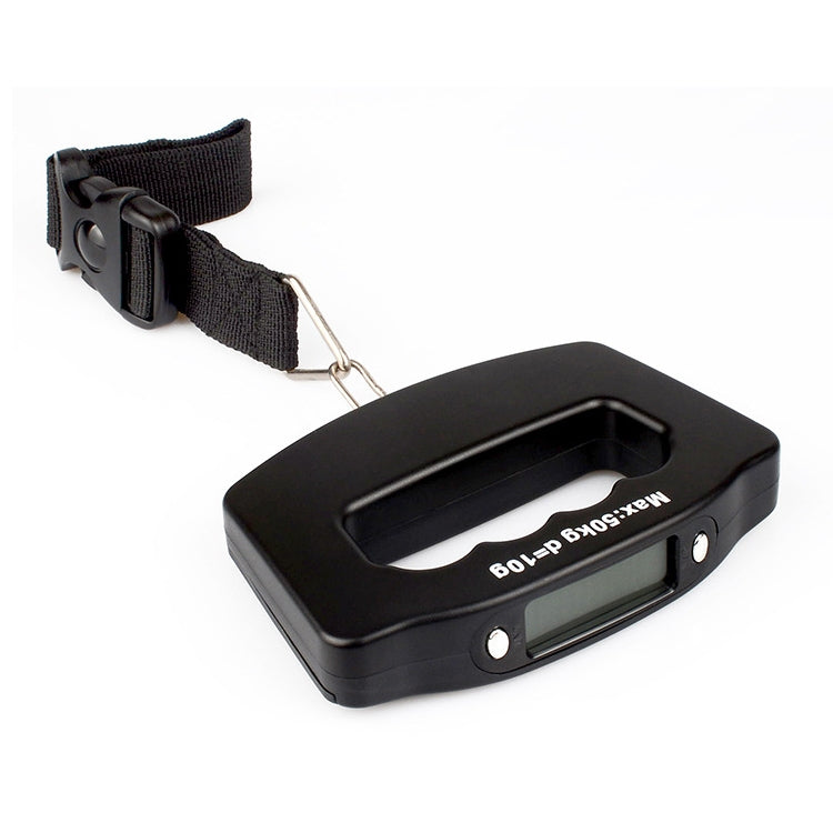 Black luggage scale display unit with strap and metal connector clip