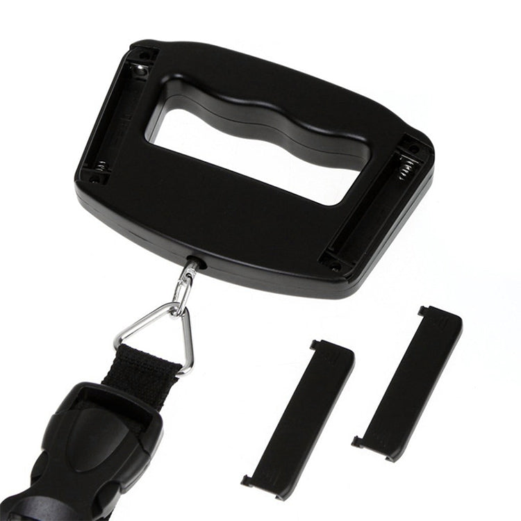 Black electronic luggage scale housing with S-hook and strap attachment