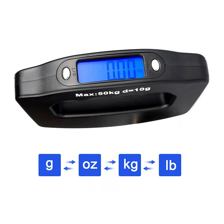 Black electronic luggage scale with blue LCD screen and unit options