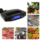 Black electronic luggage scale close-up with blue LCD screen