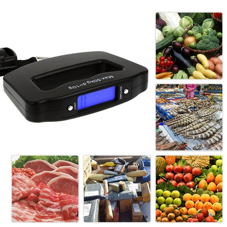 Black electronic luggage scale close-up with blue LCD screen