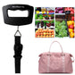 Black electronic luggage scale with strap attached to pink duffel bag