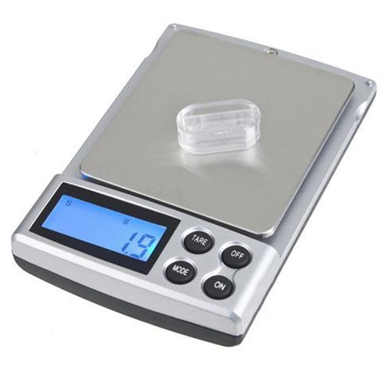 Digital pocket scale with stainless platform and blue LCD display, tare and on buttons