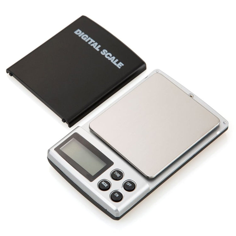 Digital pocket scale with black cover, white stainless base, and LCD display window
