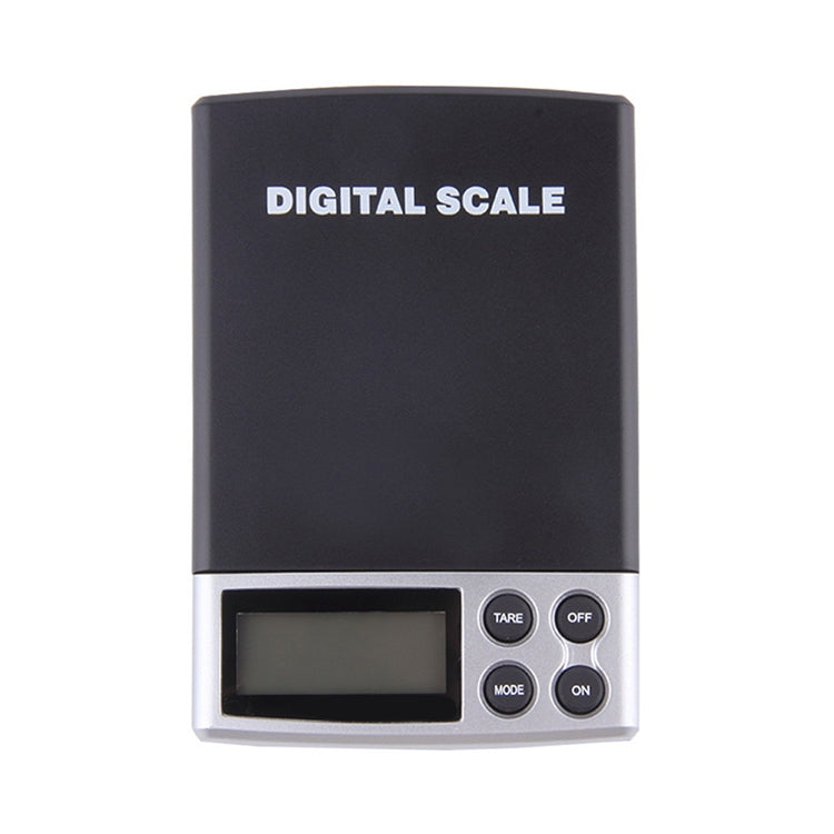 Digital pocket scale with black housing, LCD screen, and four control buttons