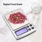 Stainless digital food scale with large platform, purple LCD readout, and control keys