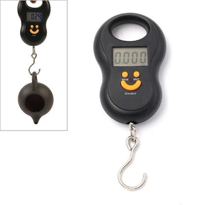 Black hanging digital scale with LCD display, metal hook and loop for weighing items