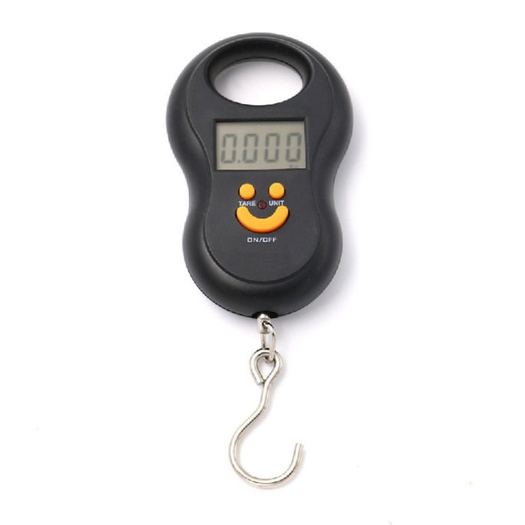 Black handheld LCD hanging scale with display and metal hanging hook