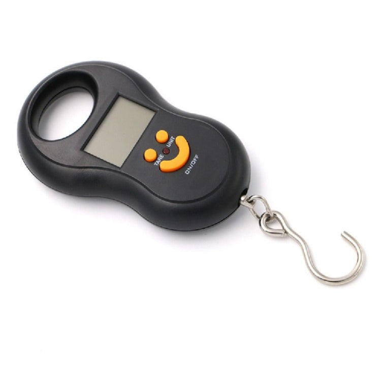 Black LCD digital hanging scale, angled view with display and orange buttons