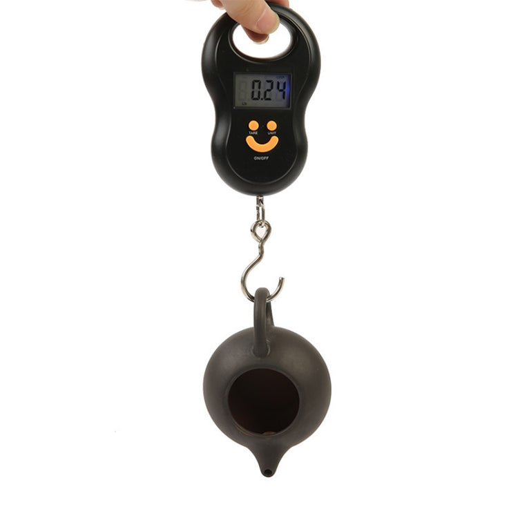 Hand holding black LCD hanging scale above hanging hook and pouch