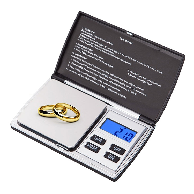 Digital diamond/jewelry scale with open lid, LCD display, and tare/mode/off buttons
