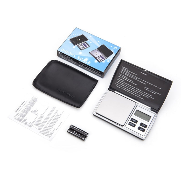 Digital jewelry scale kit with open base, cover, pouch, manual, and small battery